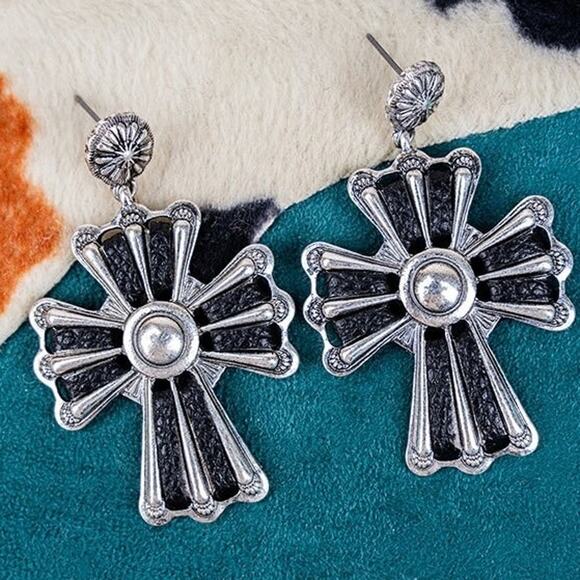 Black Stitched Western Southwest Cross Earrings - Picture 1 of 2